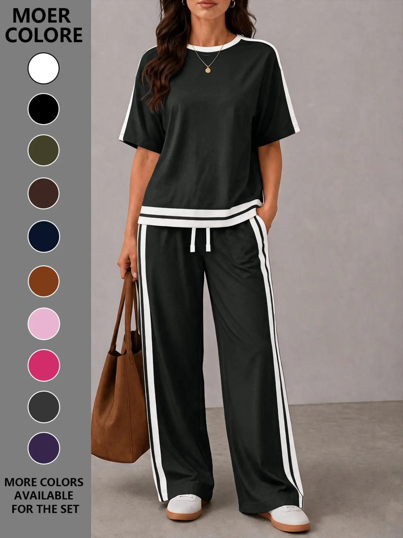 Women's Casual Sportswear Set, Plain Round Neck Short Sleeve T-Shirt and Striped Pants, Spring Summer Two-Piece, All Seasons, Loose Casual Athleisure