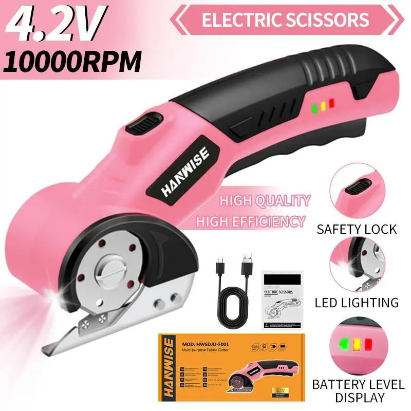 HANWISE Cordless Rotary Electric Scissors 4.2V Handheld Cordless Electric Scissors - Rechargeable Cutting Tool with Safety Lock, LED Lighting, Anti-Slip Handle for Cardboard, Home Fabric; Sewing Accessories and Supplies, Crafting Sewing Tools