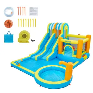9-in-1 Inflatable Water Slide Park for Backyard – Large Hexagonal Dragon Bounce House with Dual Racing Slides, Climbing Wall, Trampoline, Splash Pool, Water Squirter, Basketball Hoop