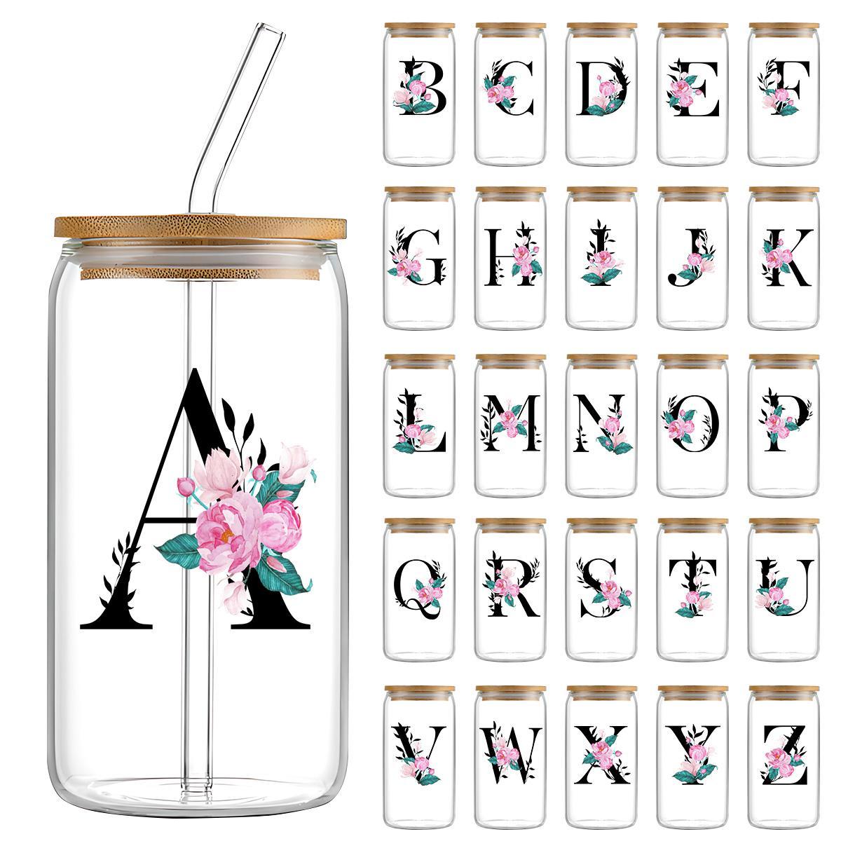 Letter & Flower Pattern Glass Cup with Straw & Brush, 1 Count 16oz Glass Cup, Drinking Cup for Home Office, Stylish Drinkware, Gift for Friend & Family