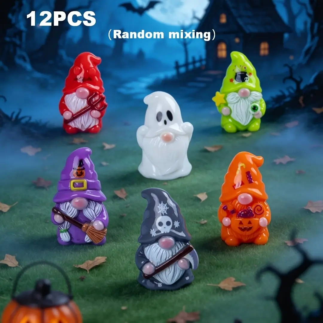 12pcs/set (random design), novel and scary wizard dwarf model figurines, Halloween mini gnome resin decorations, suitable for home decoration, outdoor bonsai decoration, party decorations, and as a gift.