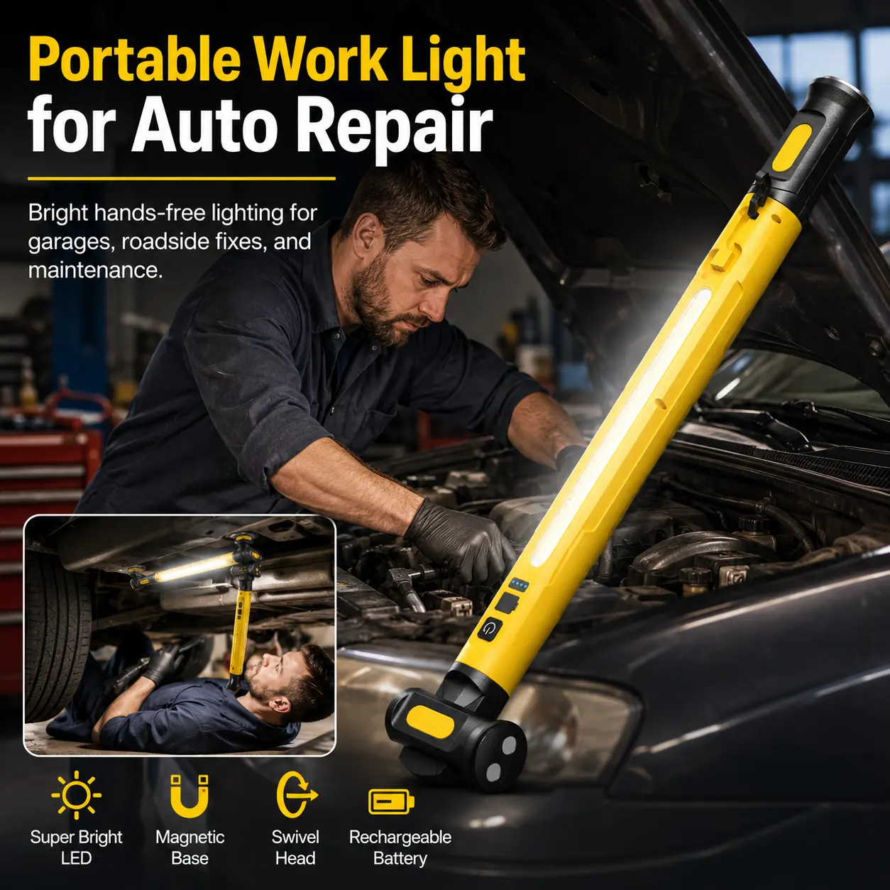 Work Light Bar (5 Light Modes), 3000LM LED Magnetic Light Bar with Hooks, 5200mAh Cordless Rechargeable Hood Light, Single Pack, Ideal for Mechanic, Car Repair & Garage Use Led Flashlight Stick High Lumen Brightness