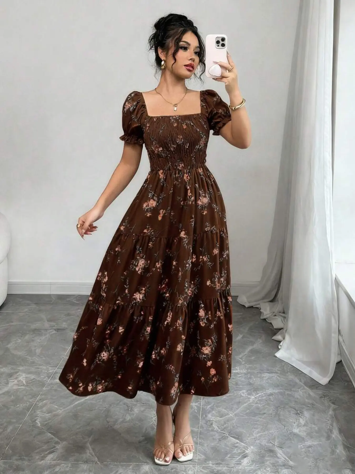 Women's Spring Summer Square Neck Pleated Short Sleeve Dress, Small Floral Print, Casual Daily Wear, Boho Style, Boho Casual Elegant, Festival