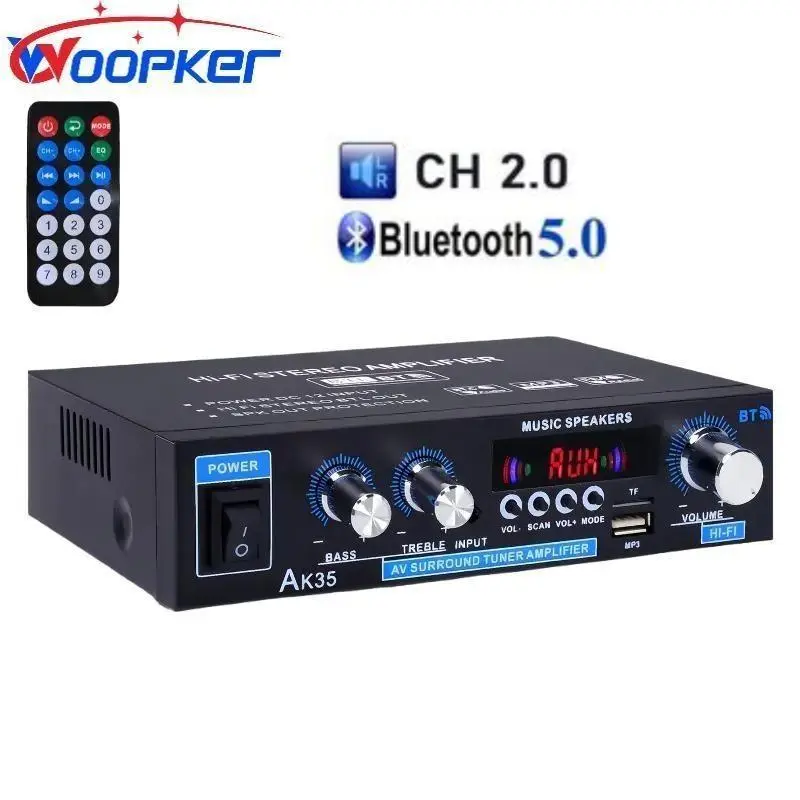 Woopker AK35 Bluetooth 5.0 Stereo Home Amplifier HiFi 2.0 Channel Desktop Audio Power Amplifier with Bass Treble Control, FM Radio, USB, for Home Theater Speaker, Sound System, Streaming, Party