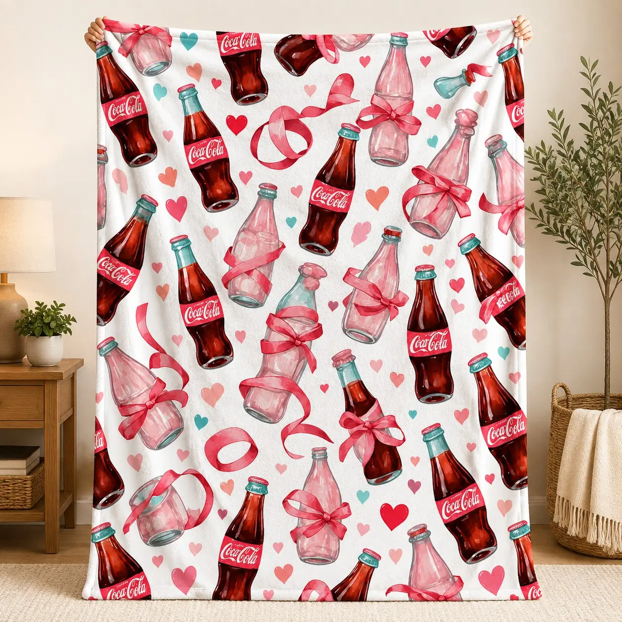 Coca-Cola Heart Bow Flannel Blanket, Colorful Print, Soft and Warm, Lightweight and Comfortable, Ideal for Bedroom, Living Room, Sofa, Travel, Gift