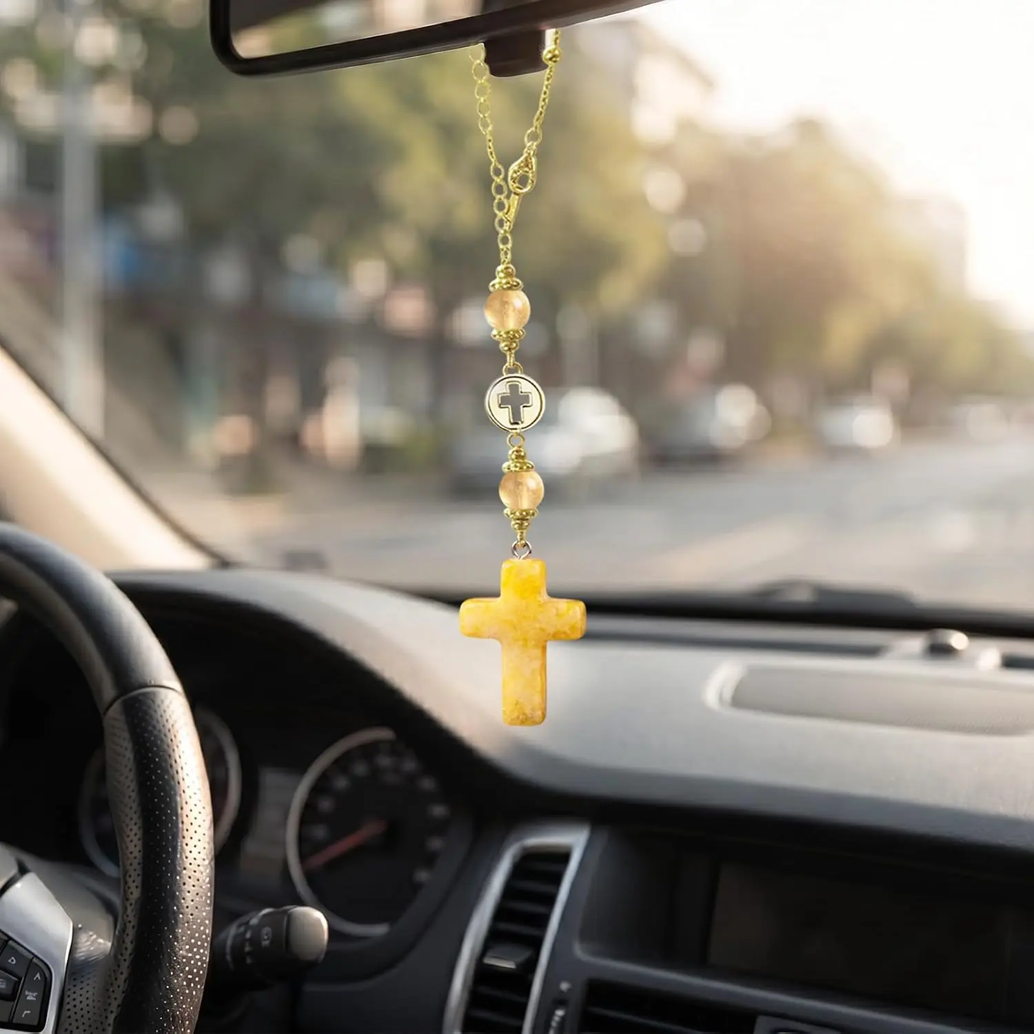 Christian Cross Rear View Mirror Charm - Synthetic Decorative Car Interior Accessory, Easy Install Plated Chain Ornament for Women Drivers (1, Champagne), Safe Hanging