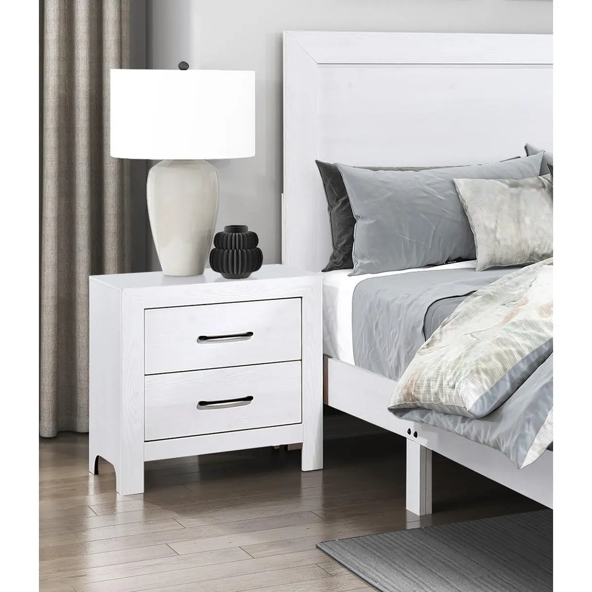 Nokaa Modern White Nightstand 2 Drawer Bedside Table with Black Nickel Bar Pulls, Wood Bedroom Furniture, Compact End Table for Small Spaces, Dovetail Drawers, No Assembly Required, 16W x 23.5D x 24H in, White Color, Wood Material