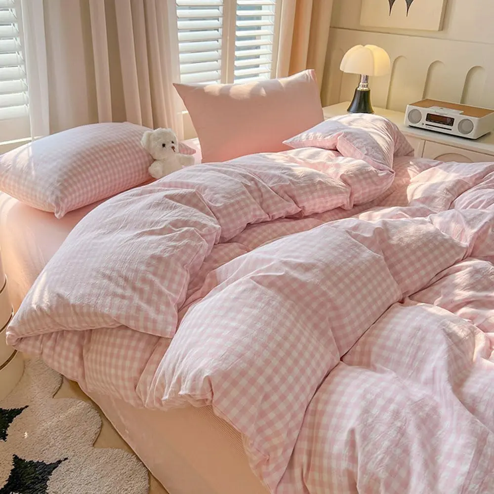 Gingham Duvet Cover Set Queen Pink White Checkered Bedding| Coquette Farmhouse, Dorm Bedding, Soft Breathable Washed Microfiber, All-Season, Hidden Zipper, 4 Corner Ties