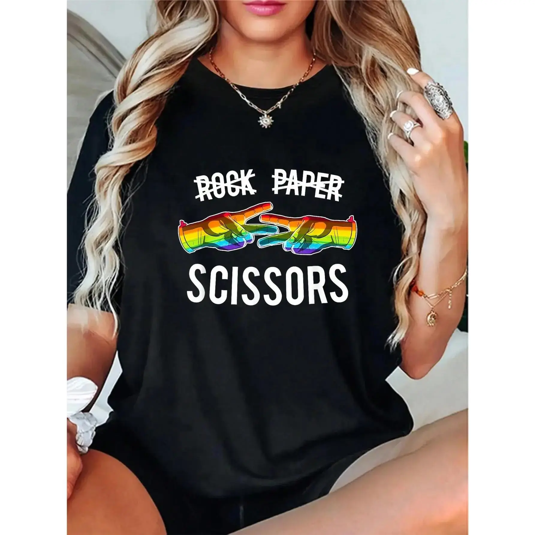 100% Cotton Short-Sleeve Breathable Printed Graphic Sports Top - Rock Paper Scissors Lesbian Pride Rainbow LGBT Everyday T-Shirt, Shortsleeve, Fabric, Unisex, Casual, Comfortable, Round Neck, Outdoor, Party