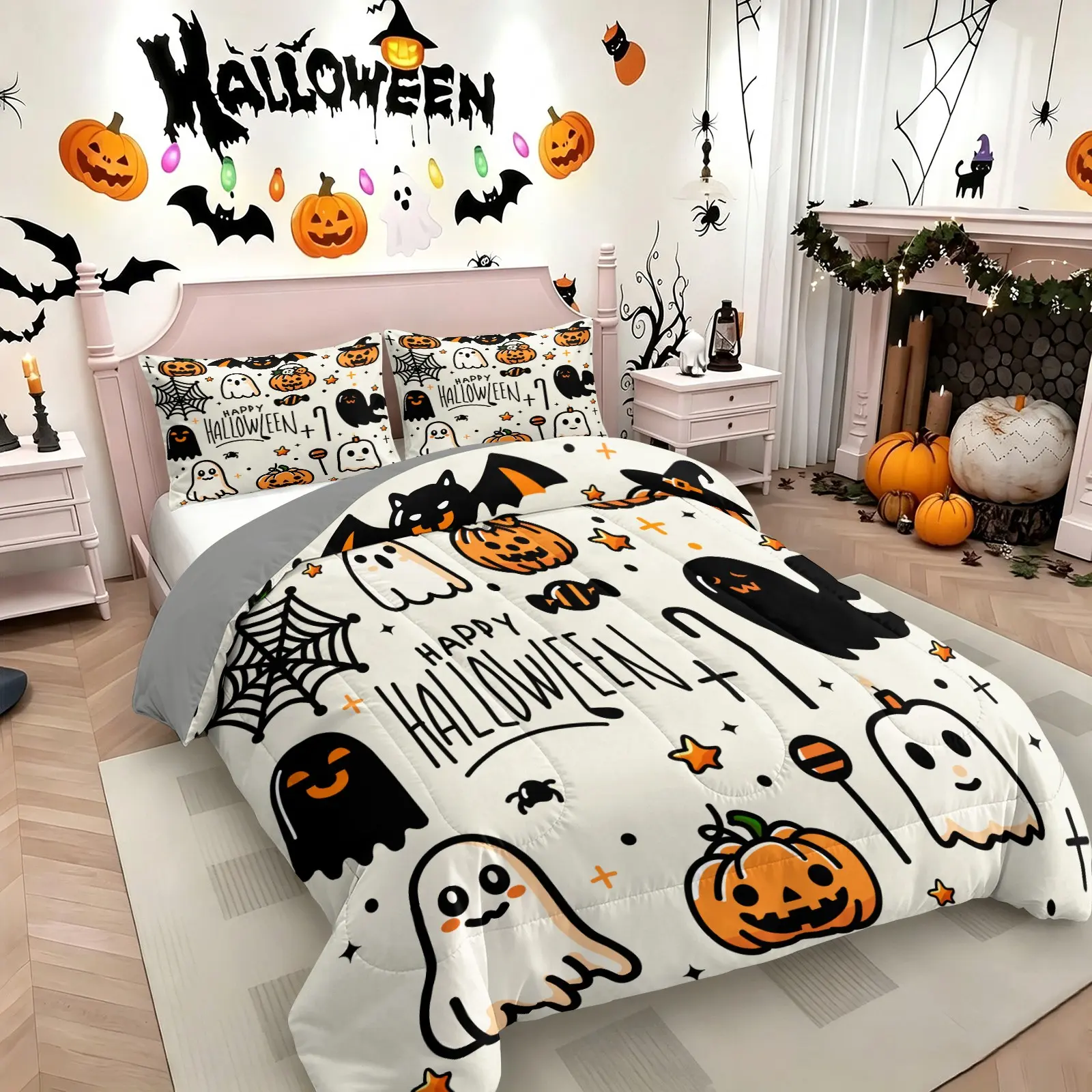 Classic Fall Halloween Holiday Comforter Set, Bedding Set, Vibrant Multi‑Element Pumpkin Ghost Bat Pattern, Decorative Bedding Set, Soft Home Bedding, Perfect Seasonal Gift for Teens & Household 1 Quilt & 1/2 Pillowcase, No Pillow Insert
