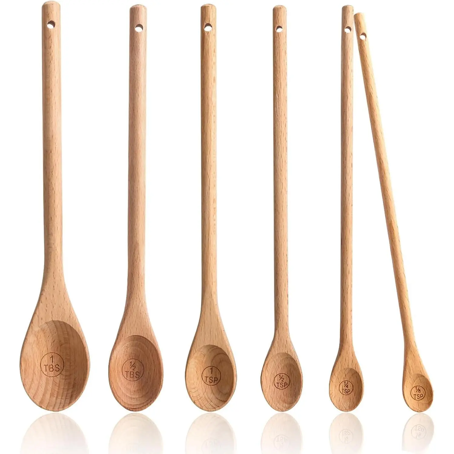 6-Piece Beechwood Kitchen Measuring Utensils Set - 10-in Long Handle Spoons with 1/8 TSP to 1 TBSP Sizes for Dry Ingredients, Cooking, Baking, Gifting