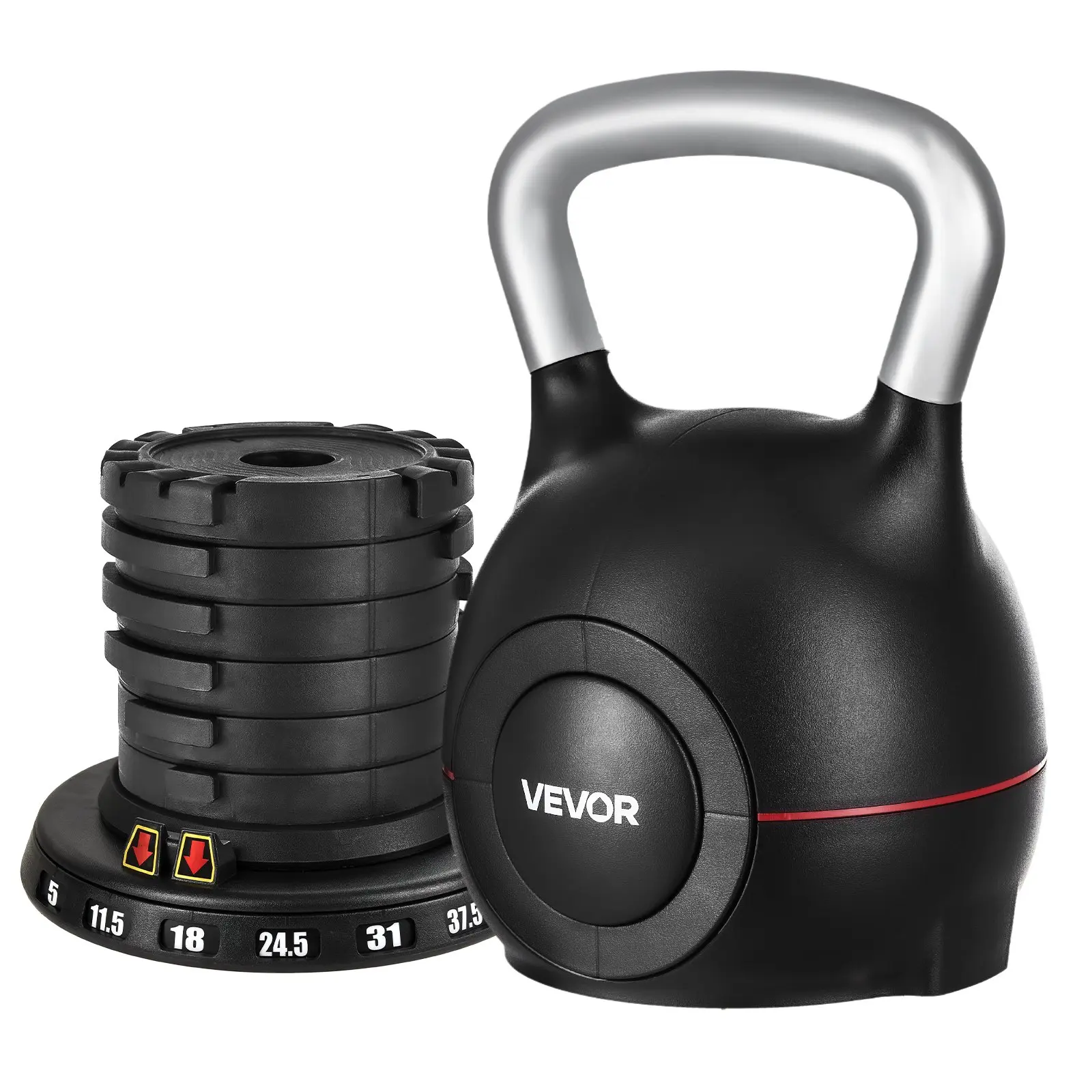 【Summerfinds】VEVOR Adjustable Kettlebell, 7 Precise Weight Levels (5,11.5,18,24.5,31,37.5,44 lbs) Durable Die-Cast Aluminum & ABS Hand Tool, Flat Space-Saving Shockproof for Full Body Workout, Cross-Training, Core & Upper Body Strength, Grip Strengthener