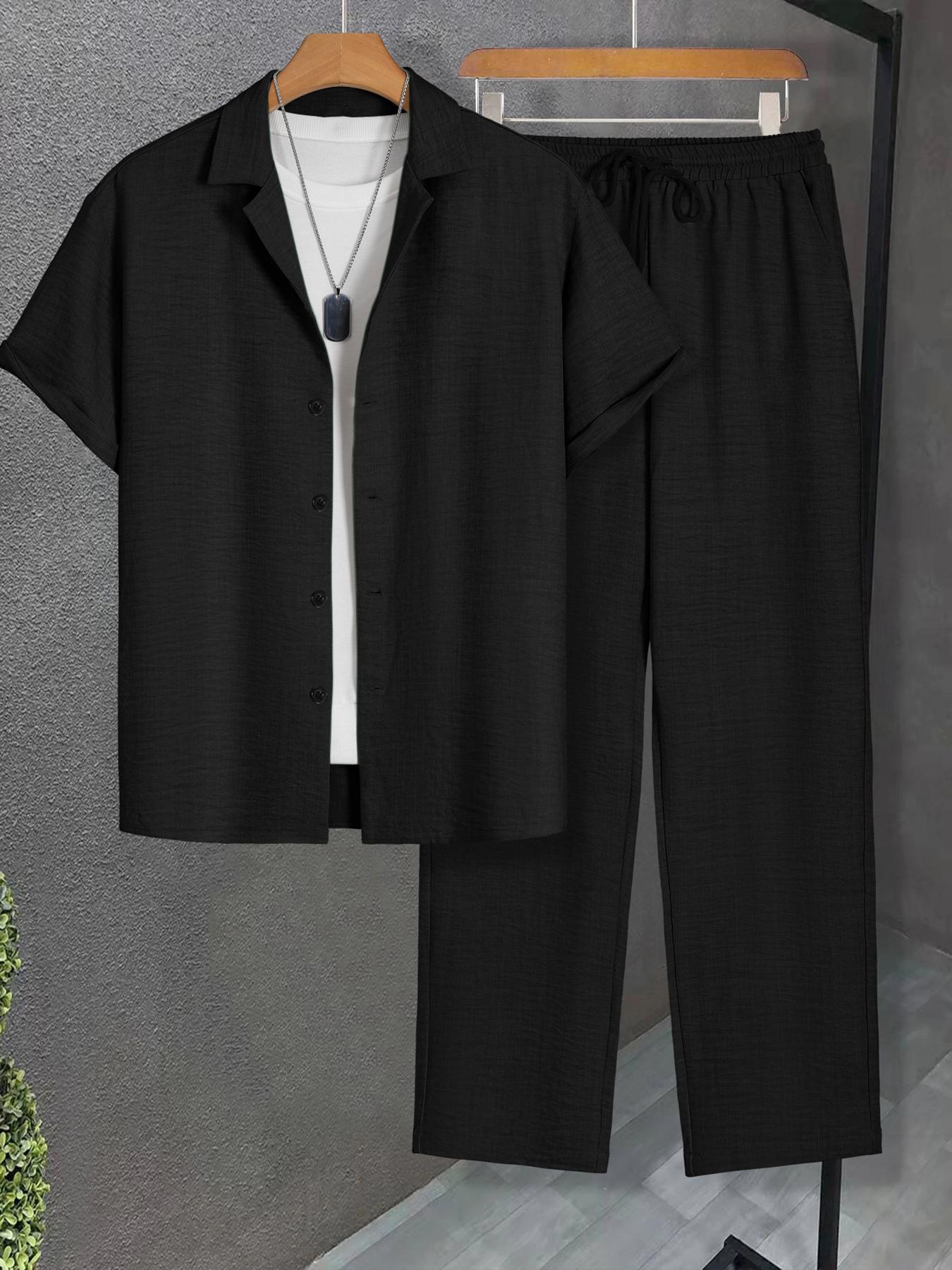 Two-Piece Set Men's Solid Color Button Shirt & Drawstring Waist Pants, Loose Stylish Casual Outdoor Short Sleeve Top & Trousers, Summer Outfits for Men
