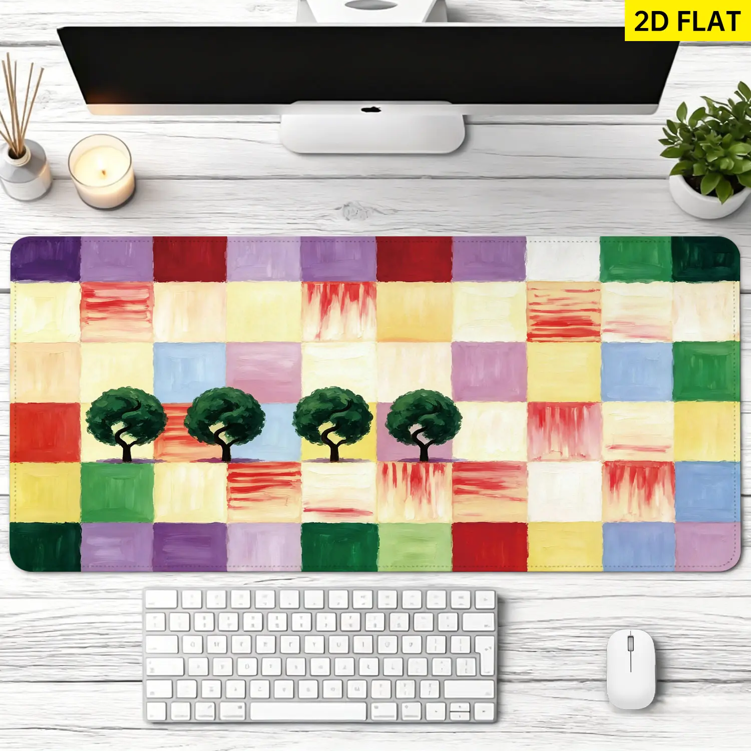 Extra Large colorful checkered grid trees pattern Mouse Pad,Non Slip Rubber Pad,Desktop Decoration Drotection Pad,Washable,Lock Edge Multi Size,Premium Multipurpose Mousepad For Home,Office,Gift for Family and Friends