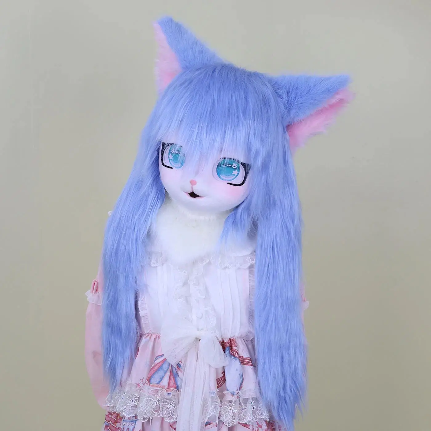 Anime Style Kigurumi Fursuit Head, Polyester Furry Cat/Rabbit Mask with Animal Ears for Kids' Halloween Cosplay