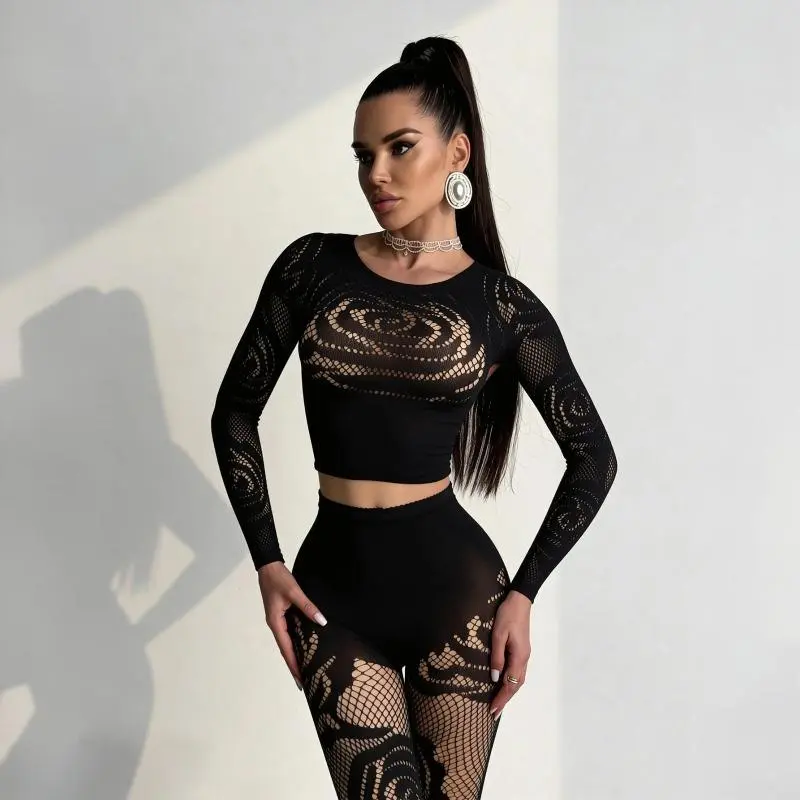 Women's Clothes, Rose Fishnet 2-Piece Sets, Sexy Polyester Alt Clothing with a Longsleeve Crop Top and Skinny Pants