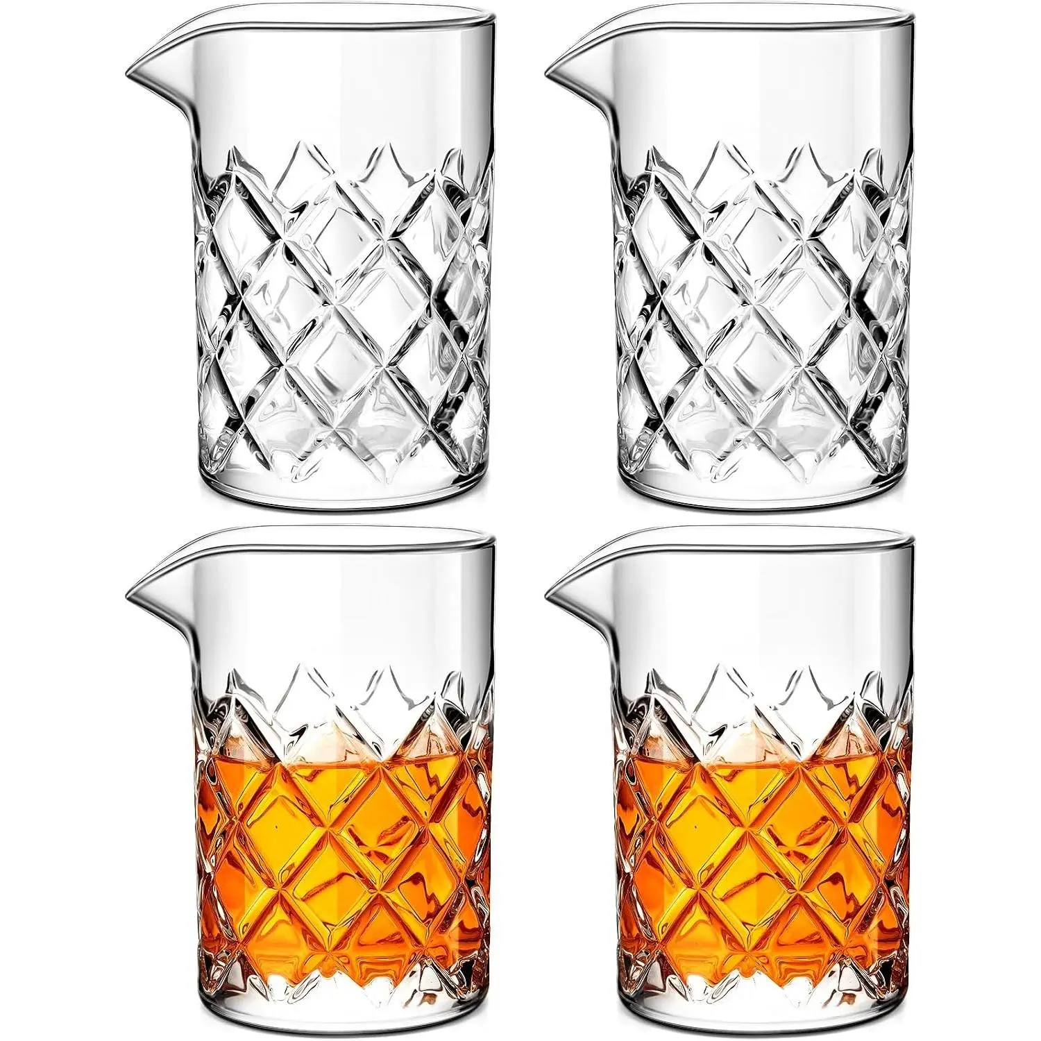 4 Pcs Cocktail Mixing Glass 24 oz Crystal Stirring Glass Thick Bottom Seamless Cocktail Pitcher for Home Bartender Bar Whiskey Martini Drink Shaker Accessories (Grid)