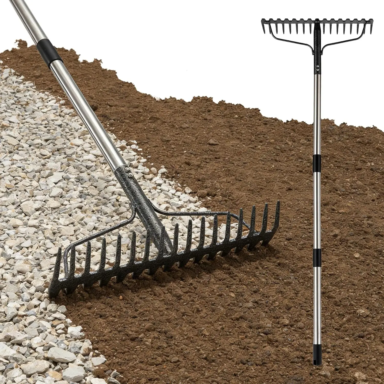 63" Heavy-Duty Metal Bow Rake - Adjustable, Rust-Free Long Handle Hoes & Rakes, 17 Tines, for Leveling Ground, Moving Gravel/Debris, Loosening Soil, Spreading Mulch, Lawn Garden Work, Leveling Hoes & Rakes