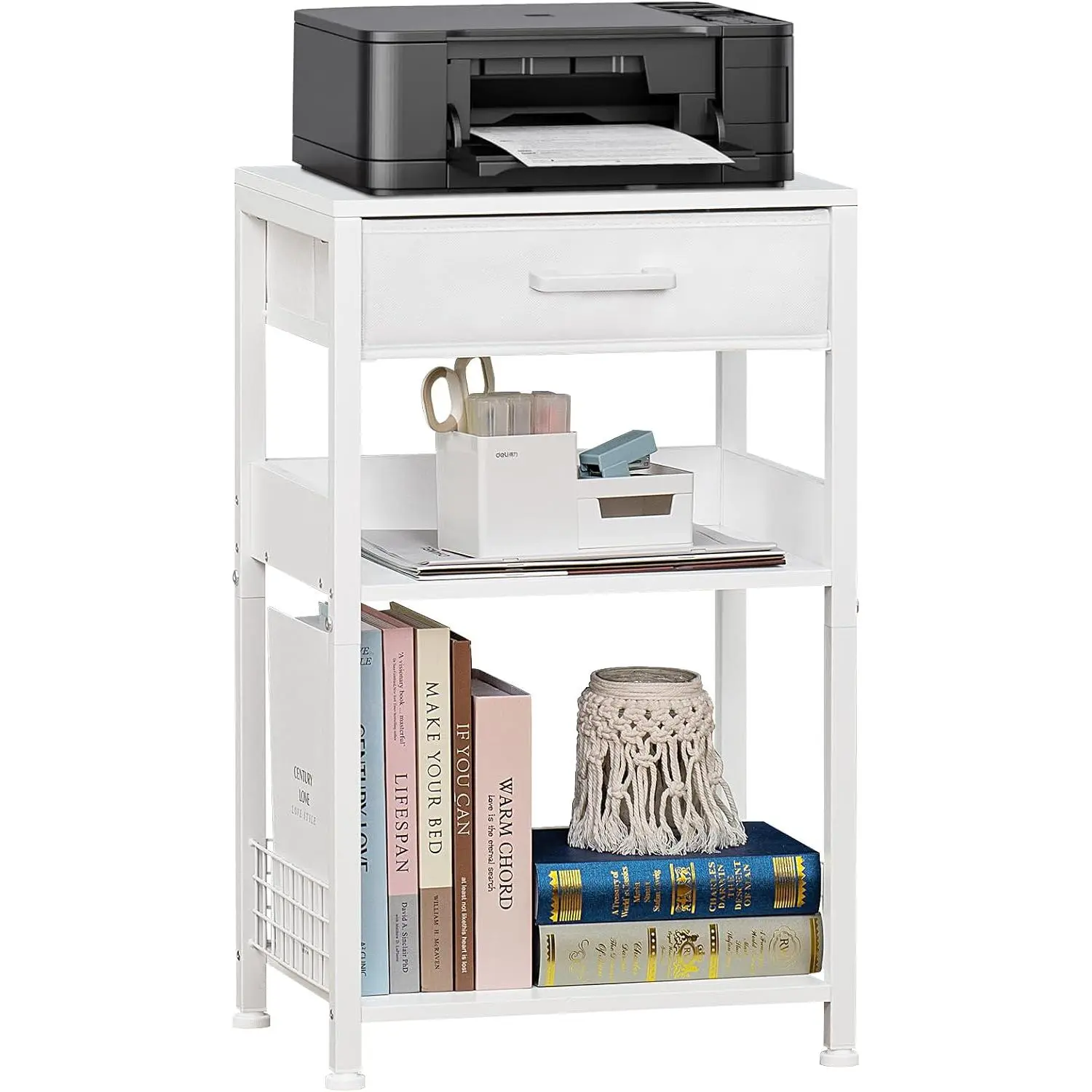 White Printer Stand with Fabric Drawer, 3 Tier Industrial Side Table, Modern Small Printer Desk Holder with Storage Shelf,Multi-Functional Bedside Tables for  Office Fax Machine Scanner