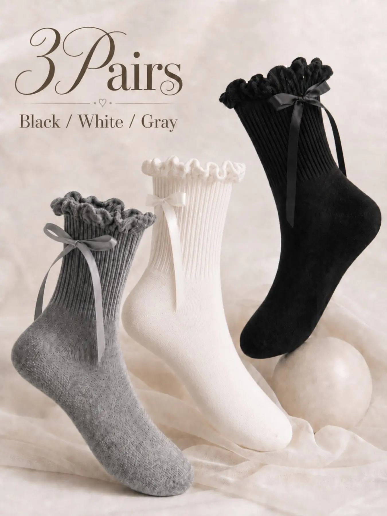 3Pairs Ruffle Bow Mid Calf Socks Cute Lolita Frilly Ribbon Socks Soft Knit Princess Aesthetic Socks