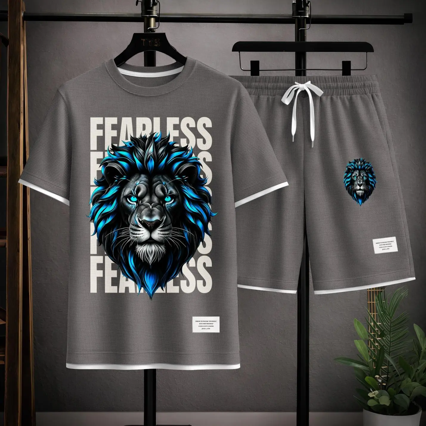 Men’s Blue Mane Lion Graphic Minimalist Crew Neck 2-Piece Menswear Set - Short Sleeve T-Shirt, Drawstring Shorts, Casual Loose Fit, Lightweight Breathable, Machine Washable Summer Streetwear Lounge Outfit for Travel, Daily Wear