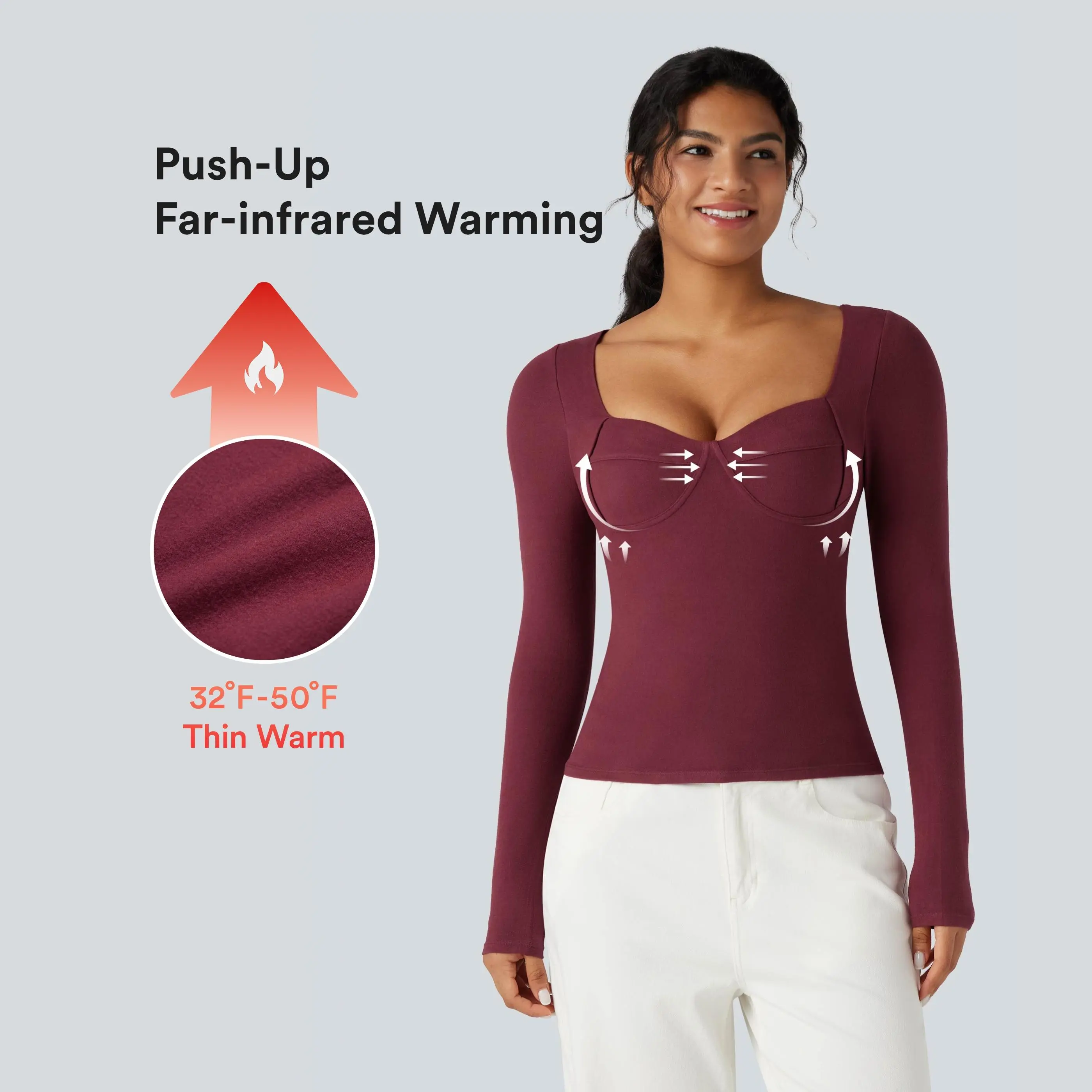Halara HeatCore Sweetheart Neck Push-Up Long Sleeve Casual Warming Top A/B Cup