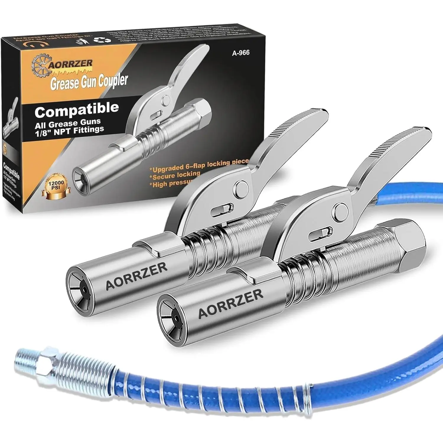 Gun Coupler 2 PCS, Lock on Greases Gun Couplers, 12000 PSI Quick Release Coupler with 12" Flex Hose, Compatible with All Guns 1/8" NPT Gun Fittings