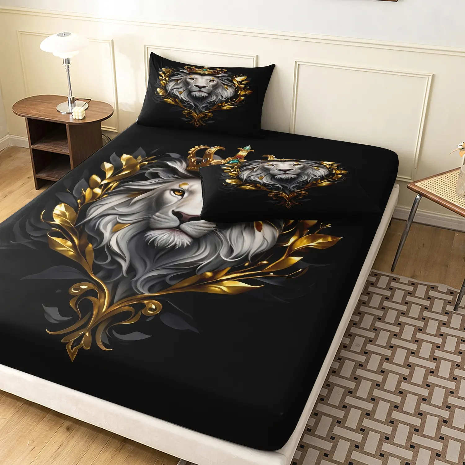 3 Pieces Luxury Golden Crown White King Lion Laurel Wreath Print Fitted Sheet Set, Noble Majestic Golden Leaf Ornament Lion Head Print Bedding, Soft Microfiber Royal Gothic Bedding Decor for Men Adults (1 Fitted Sheet + 2 Pillowcases, No Pillow)