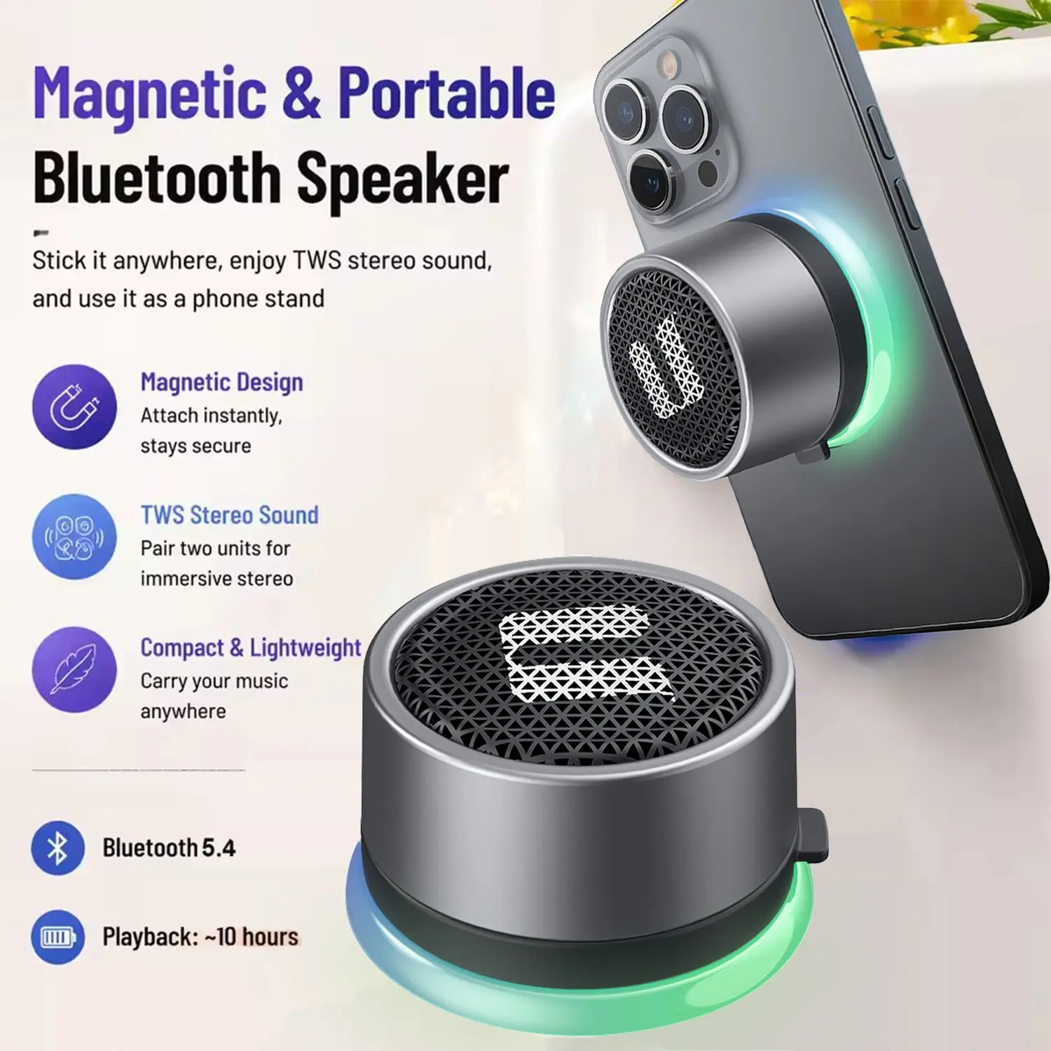 Portable Magnetic Wireless Speaker with Lights, Mini Bluetooth-compatible 5.4, Stereo Sound, Ipx5 Waterproof, TWS Pairing, Ideal for Home, Car, Bike, Camping
