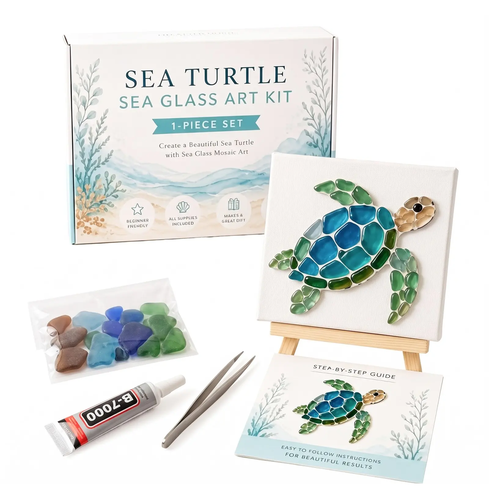 DIY Sea Glass Mosaic Art Kit, Ocean-Themed Seaglass Craft Kit, Sea Turtle Beach Art Project, Creative Handmade Gifts for Adults Beginners, Coastal Home Decor
