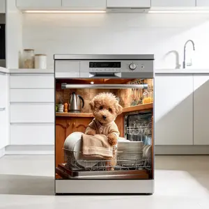 1pcs 2D Flat Dishwasher Panel Cover Decals, Elegant Dog Pattern, Waterproof Dishwasher Front Door Stickers, Refrigerator Sticker, Kitchen Appliance Decorative Sticker, Dryer Decoration, Thanksgiving, Christmas, Halloween