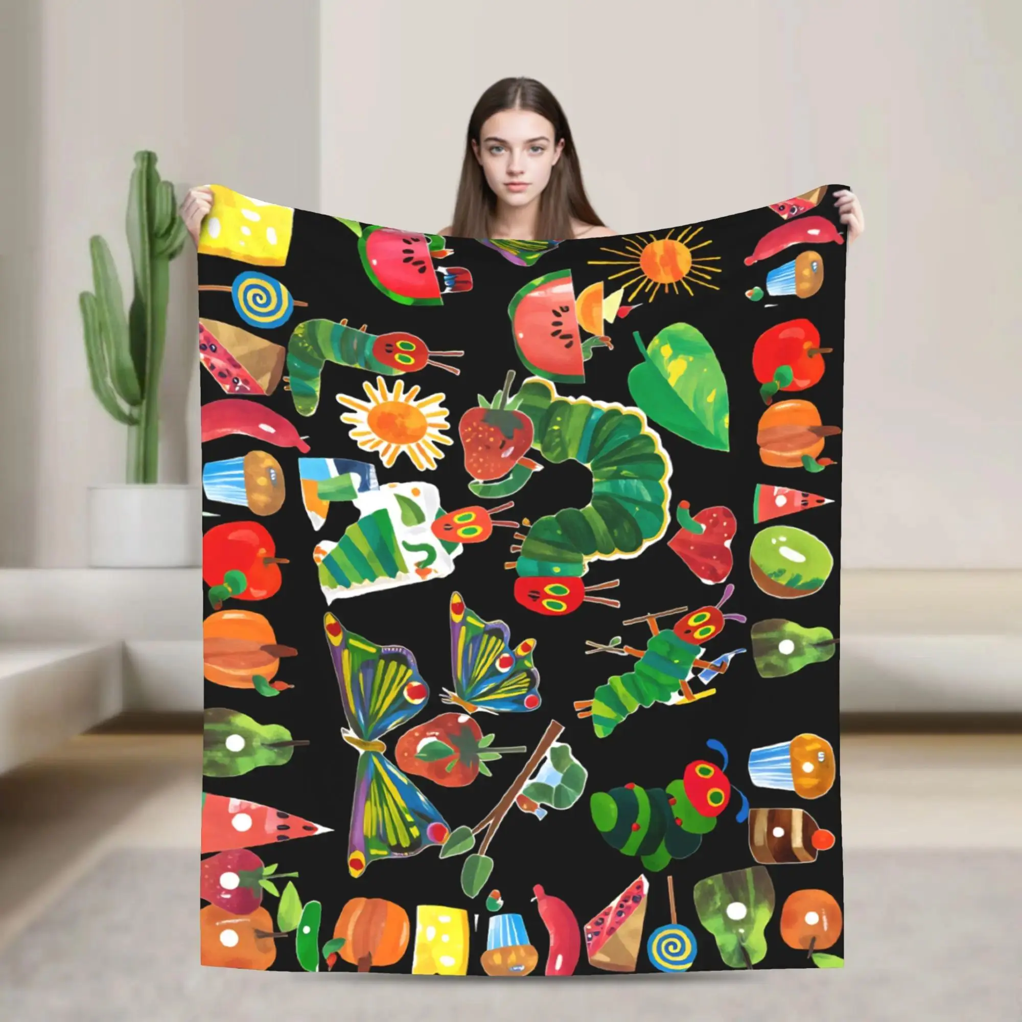 Very Hungry Caterpillar Cartoon Print Flannel Throw Blanket, Multi-Size, Cozy Soft, Camping Sleeping Gear, Housewarming Gift Option