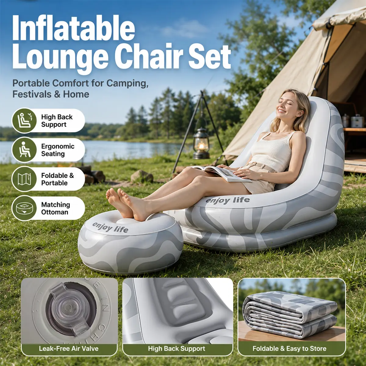 Inflatable Lounge Chair with Ottoman, Portable Indoor Outdoor Air Sofa Set, Foldable Camping Recliner with Raised Backrest, 5-Zone Support, Lightweight Inflatable Sofa for Adults, Music Festival, Patio, Beach, Backyard & Travel