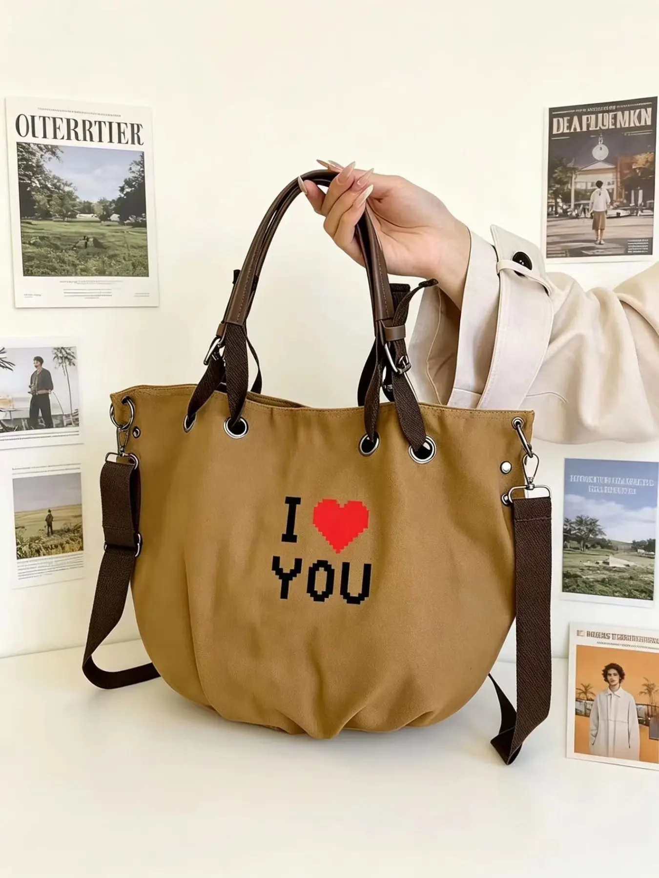 Pixel Heart I Love You Canvas Tote Bag, Valentine's Day Gift, Large Capacity, Retro Romantic, Light Canvas, Dark Handle