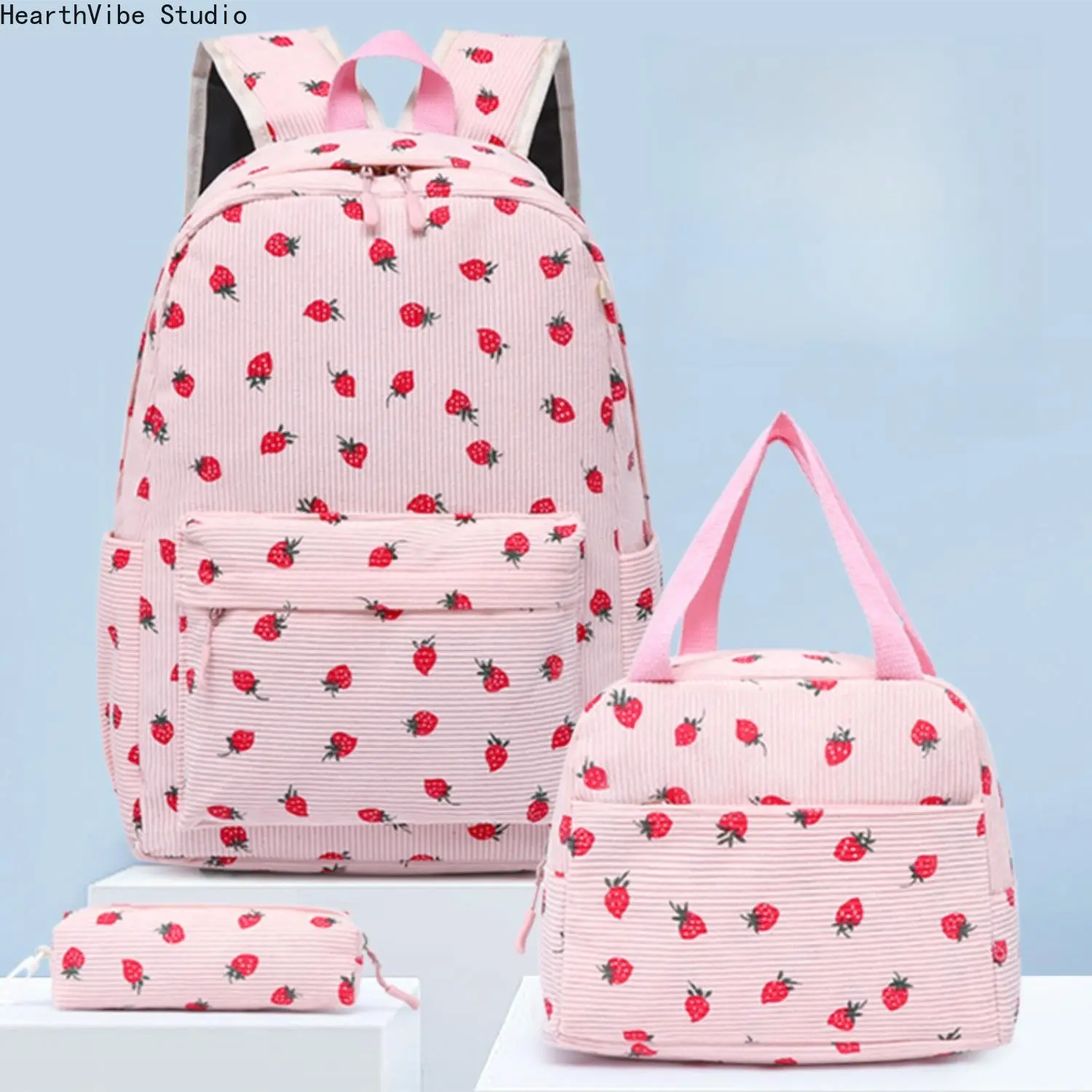 2026 Trending Kawaii 3-in-1 Corduroy Backpack Set for 8-10 Age Kids, Cute Durable Large-Capacity School Bookbag with Lunchbox & Pencil Case, Back to School Shopping Supplies Travel Gym Bag, School Supplies