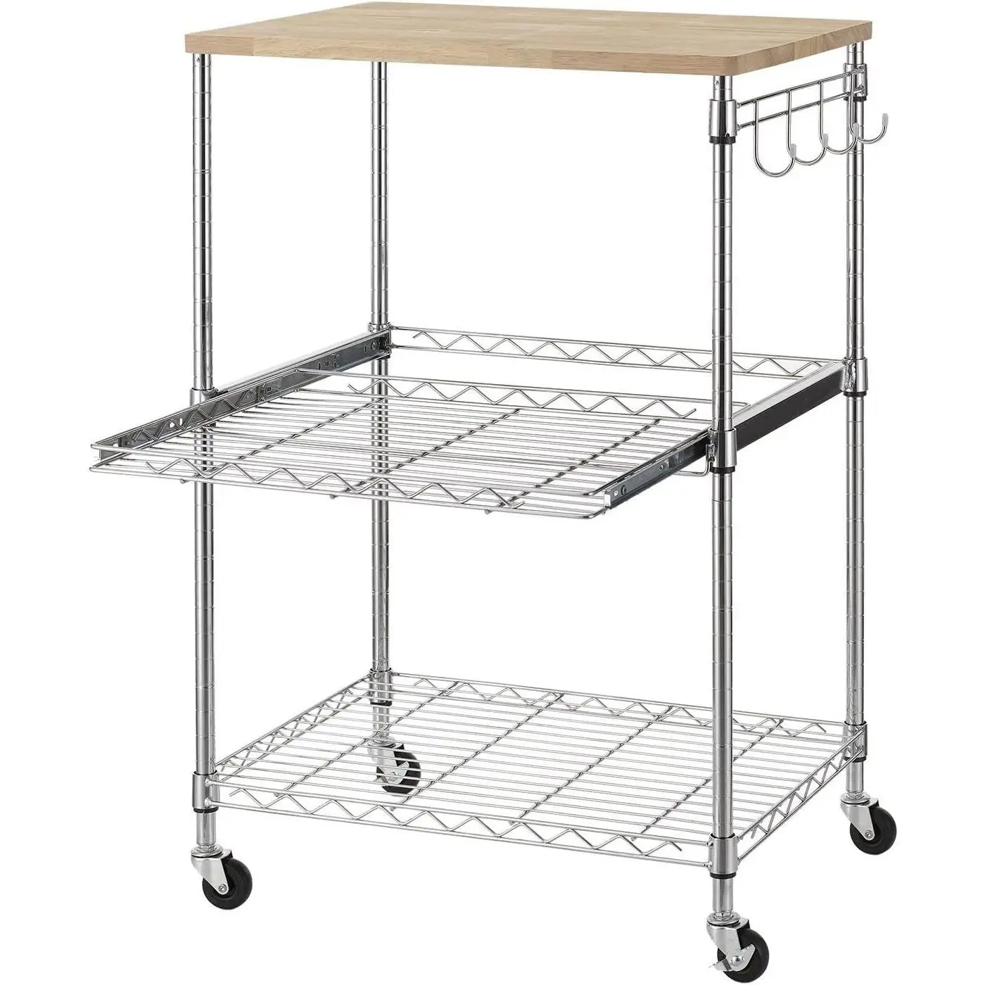 3-Tier Rolling Kitchen Cart, Microwave Cart with Oak Wood Tabletop and Drawer Slider, Coffee Cart & Food Service Cart with Hooks, Chrome
