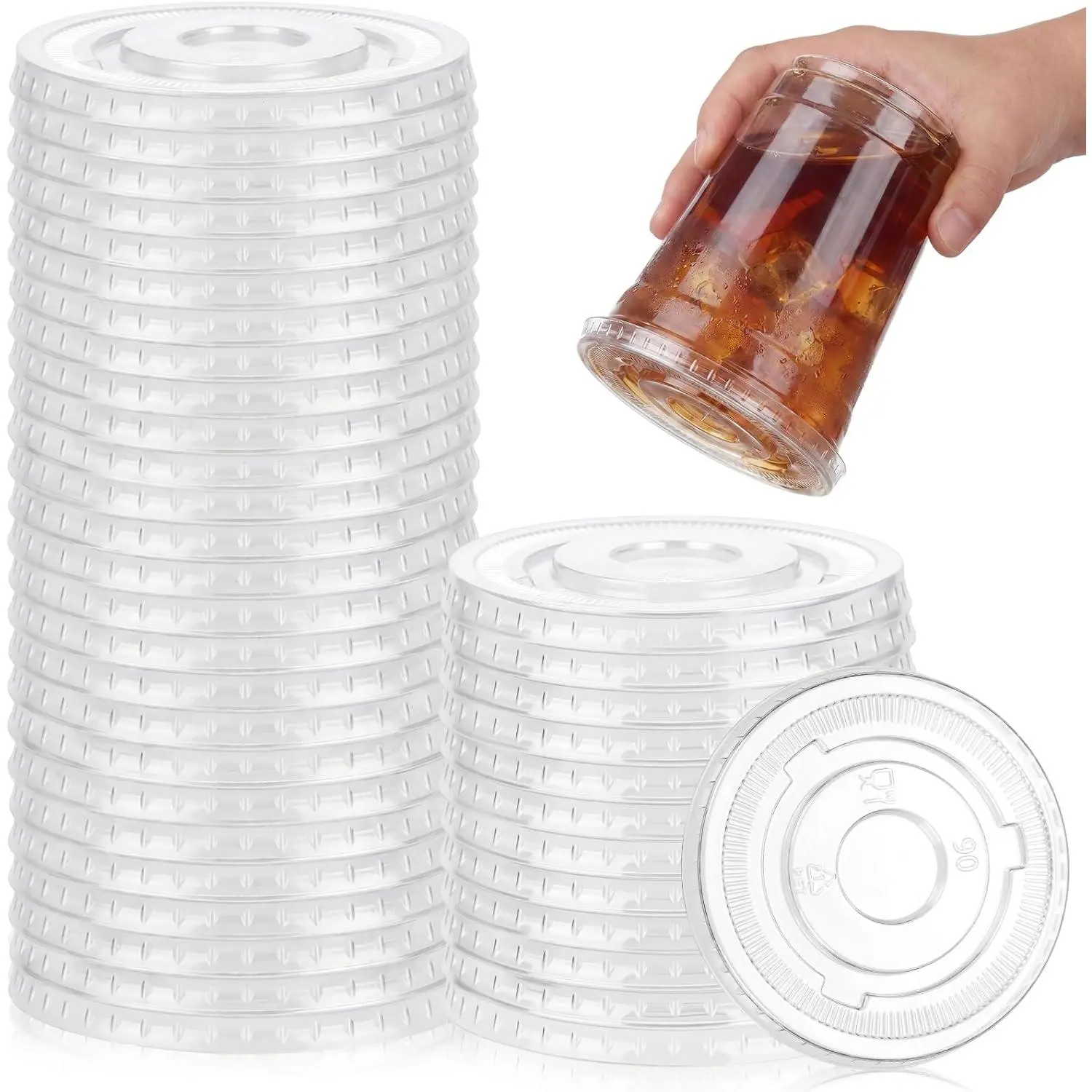 50 count Clear Flat Plastic  No Hole 90 mm Clear Disposable  Bulk for 8, 10, 12 oz Milkshake Cups for Ice Cream, Yogurt, Pudding, Cake, Fruit, Leak Resistant & Stackable