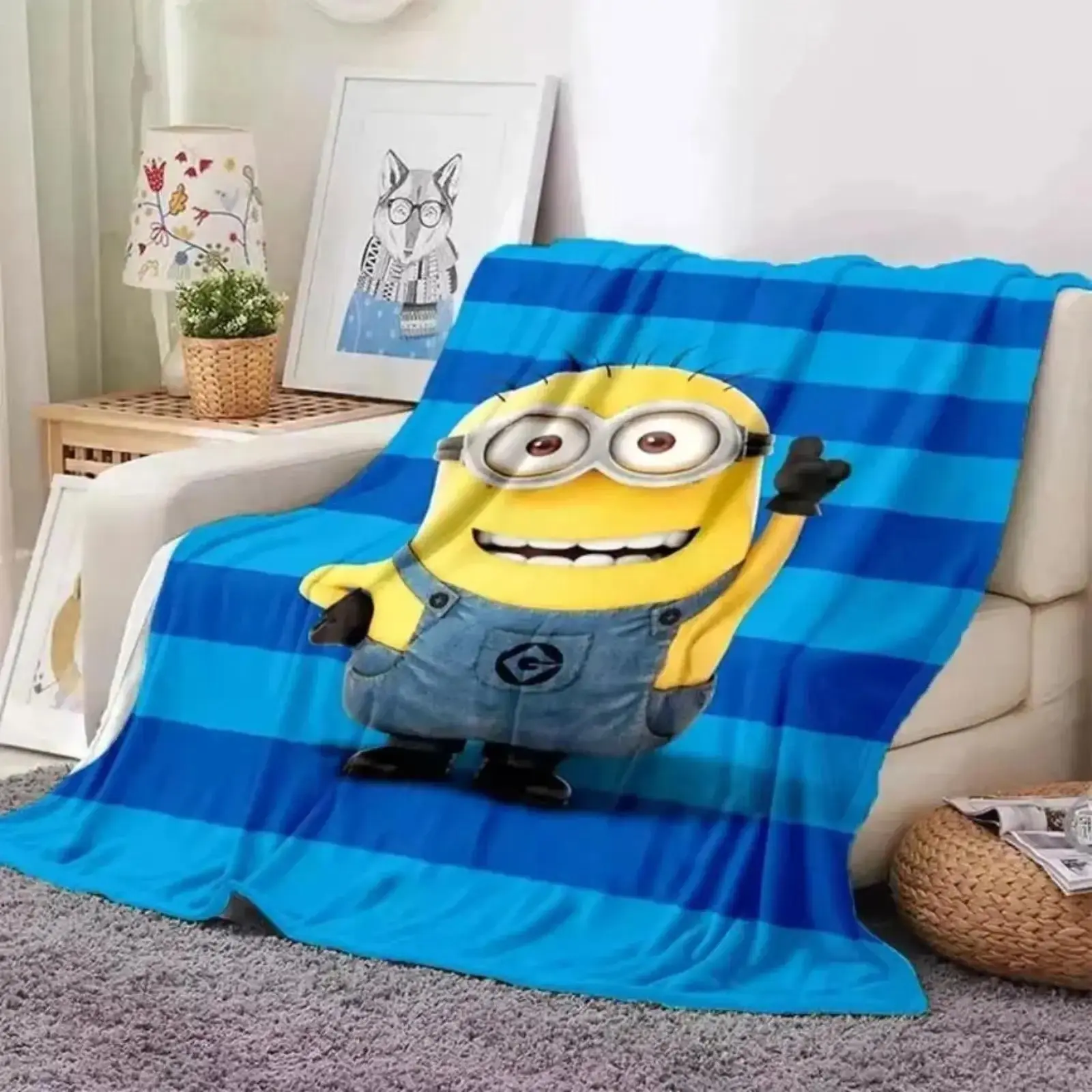Cute Minions Printed Flannel Blanket, Soft Cozy Lightweight AC Throw Blanket with Cartoon Character Design, Kids & Adults Blanket for Sofa Bed Bedroom Living Room Outdoor Travel, Movie Night Home Decor Gift
