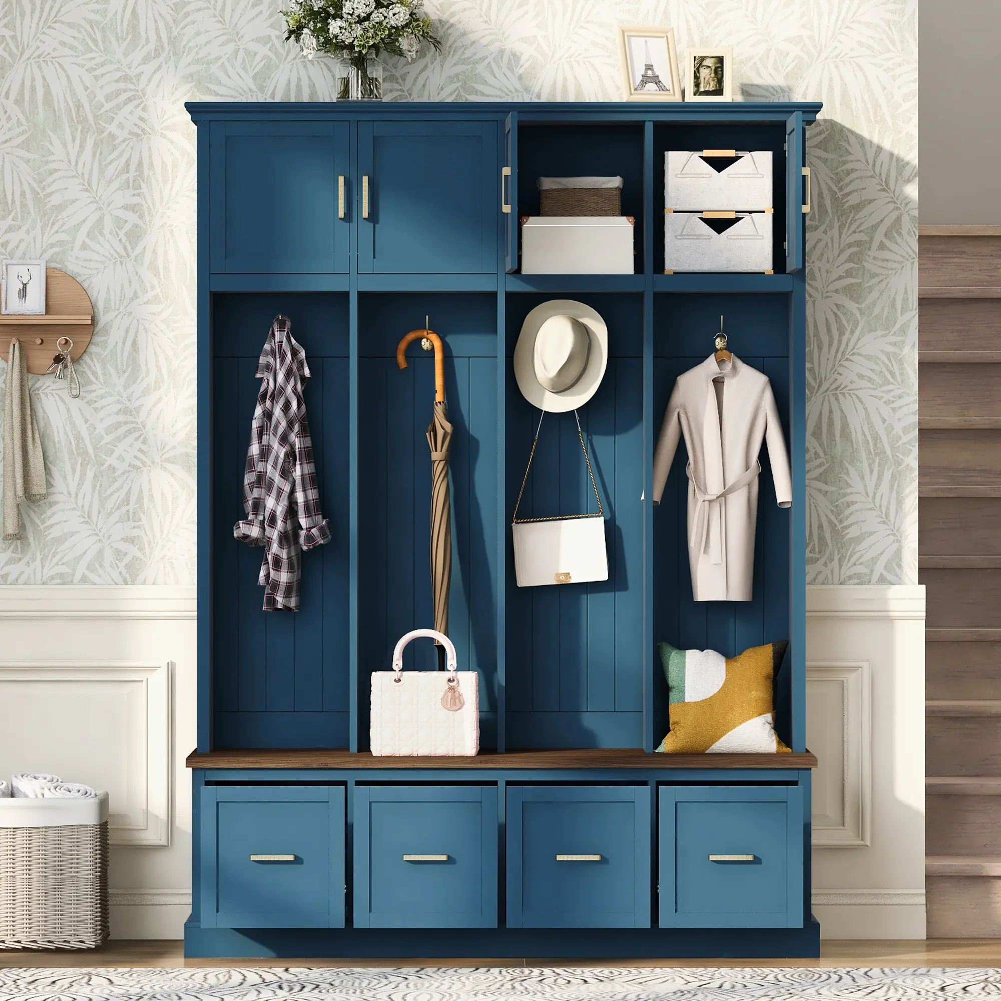 Nokaa Farmhouse Entryway Hall Tree with Coat Hooks, Cabinets, and Drawers, Navy Blue Particle Board MDF Storage Organizer for Mudroom, Hallway, Bedroom, 15.74 W x 59.05 D x 78.54 H Inches, Freestanding Coat Rack Bench with Shoe Storage