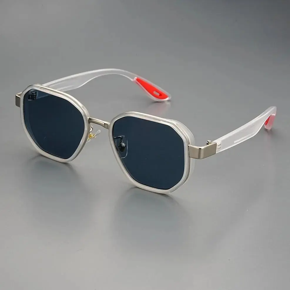 Unisex Geometric Polygon Sunglasses, Clear Frame with Metal Trim, TR90 Lightweight Eyewear, UV400 Anti-Glare Dark Lenses & Non-Slip Temple Tips, Retro Sport Shades, Ideal For Driving, Fishing, Travel & Daily Casual Wear sohochic