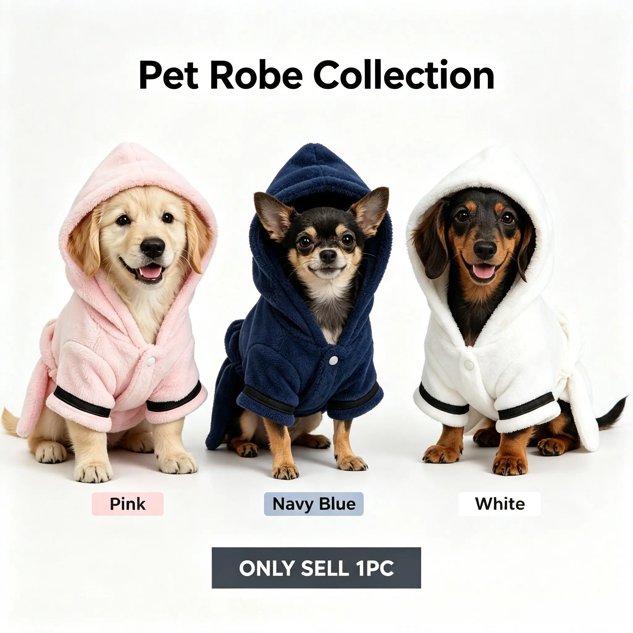 Ultra Soft Hooded Plush Pet Bathrobe Supplies for Cats & Dogs, Warm Home Loungewear, Water Absorbent Post-Bath Robe, 3 Color Options (Pink, White, Navy Blue)