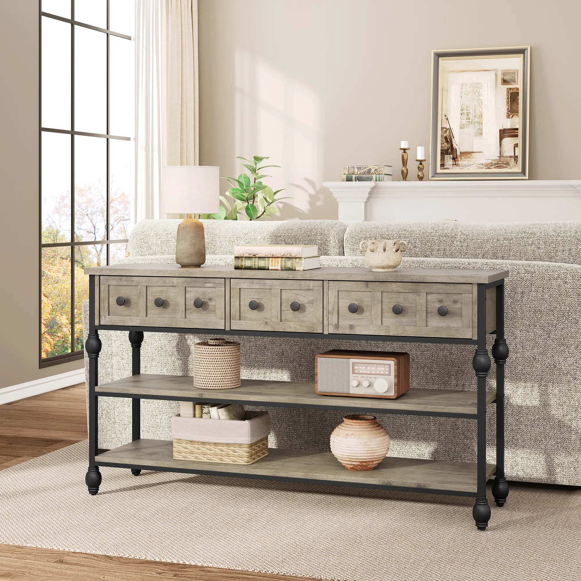 🏛️ 53" Roman Column Console Table with 3 Drawers – Elegant 3-Tier Metal Frame Sofa Table for Living Room, Hallway & Bedroom. Classic Design, Smart Storage! ✨
