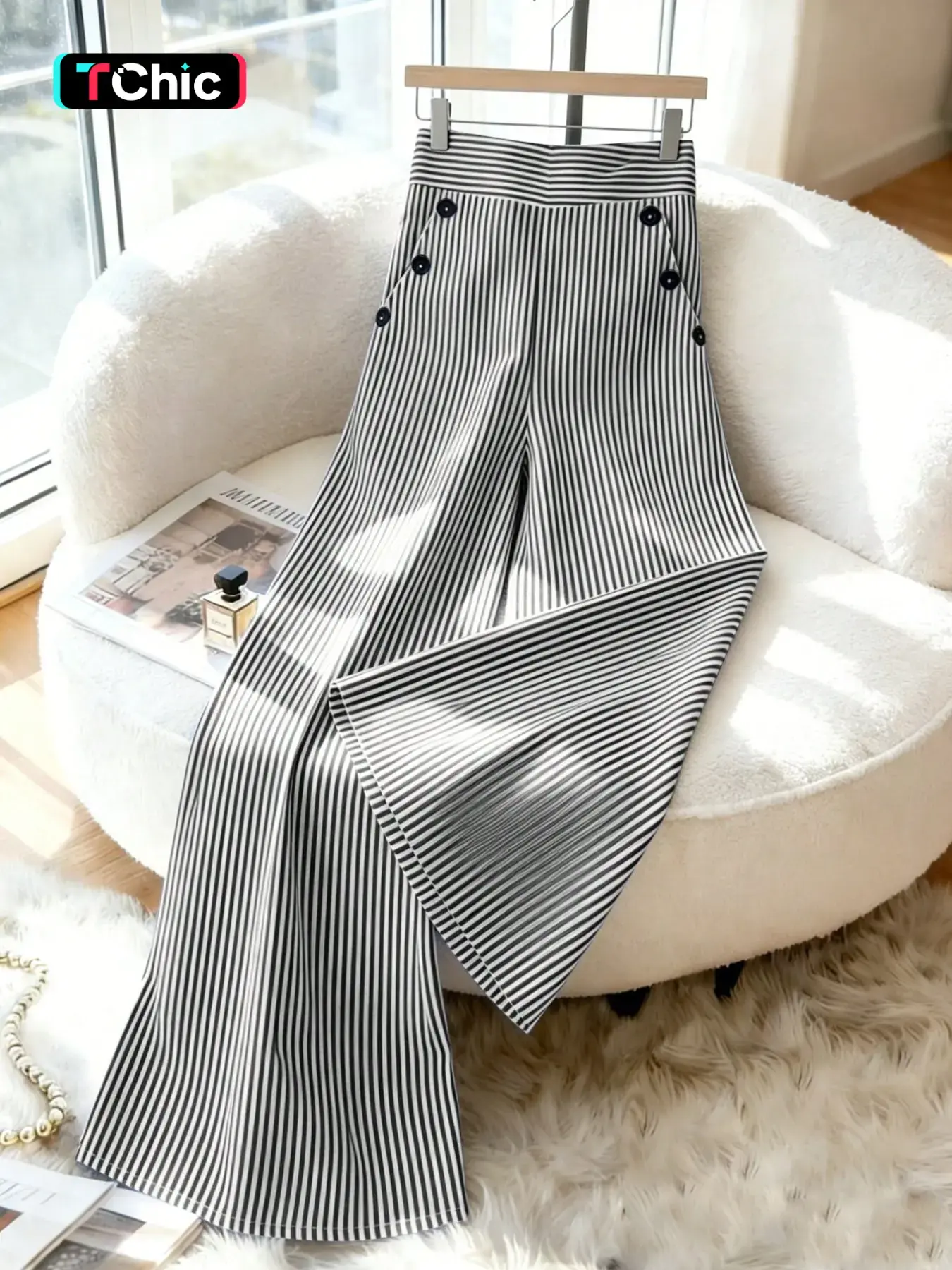 New Korean Style Spring Summer High Waist Linen Blue Striped Pants, Elegant Straight Leg Trousers for Women, Casual Daily Wear