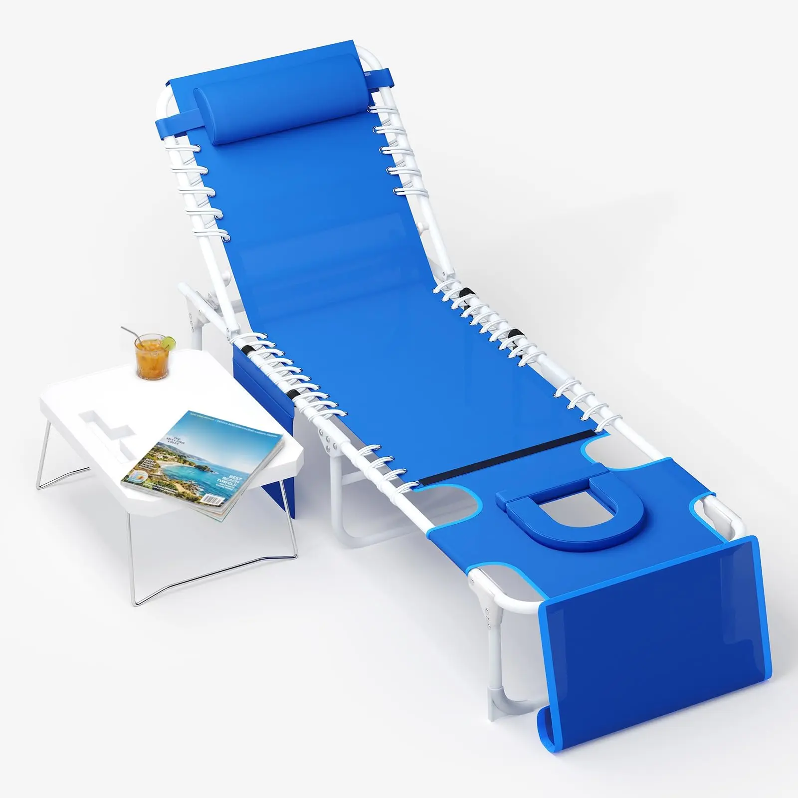 GARVEE 3-in-1 Chaise Lounge Tanning Chair with Face Hole, 5-Position Adjustable Folding Beach Recliner with Side Table for Patio & Pool, 330lb Capacity, Beige, Beach Chair, Sunbathing Chaise Lounge, Reclining Patio Chairs