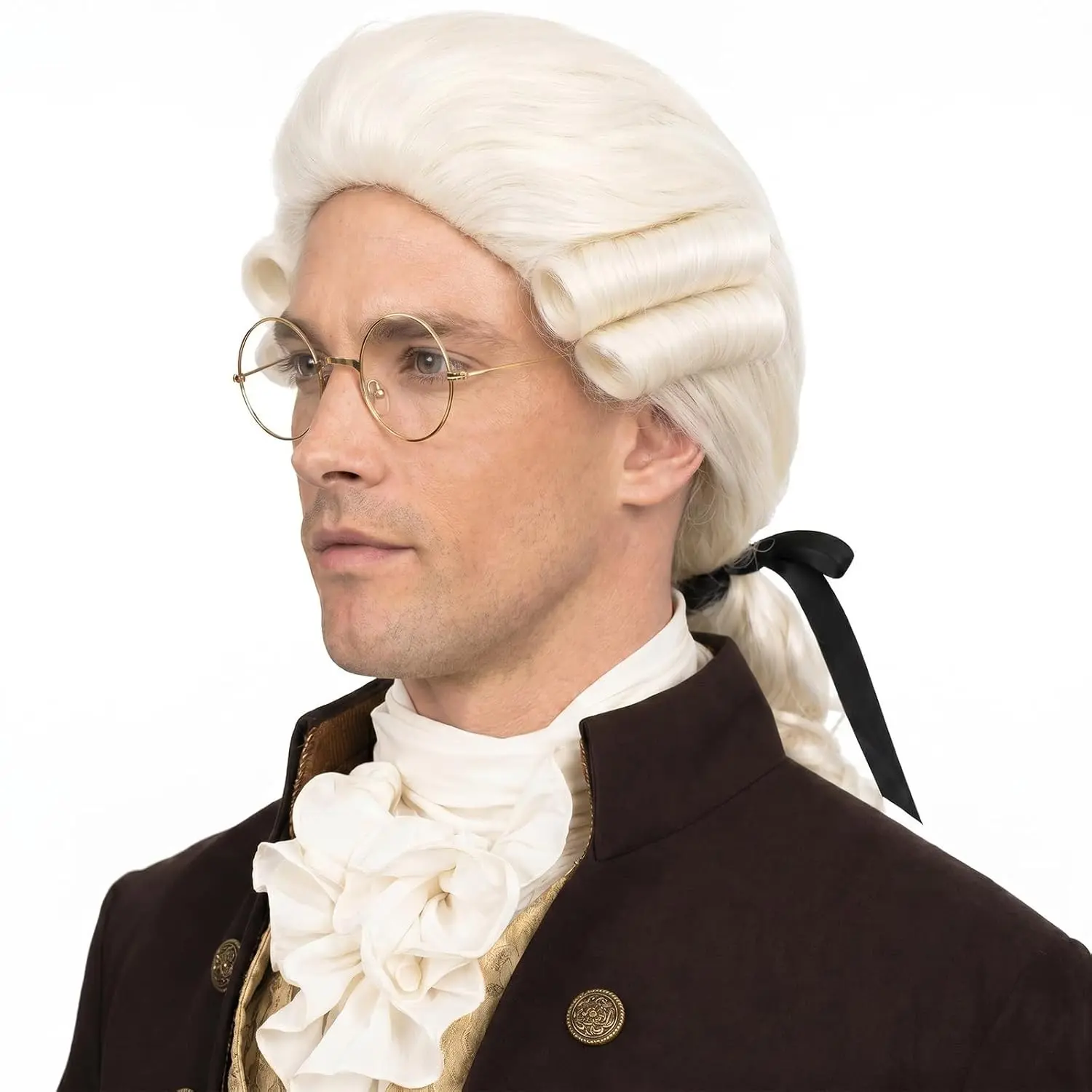 Men's Judge Colonial Wig with Glasses - Long Blonde Powdered Wavy Costume Wig, White Beige Halloween Cosplay PartyGift