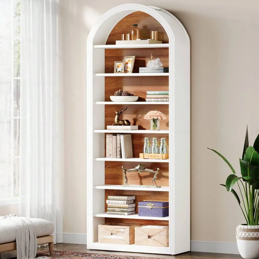 78.7" Tall Arched MDF Wood Bookshelf - Contemporary, Fashionable Open Shelving Unit with Striped Trim, 8-Tier Sturdy Base, White, Washable for Book Organization, Living Room, Home Office, Assembly Required, Arched Shape