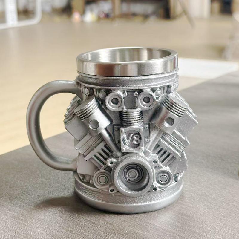 3D V6 Engine Shaped Coffee Mug, Novelty Mechanical Engine Design Cup, Food-grade Resin Car Enthusiast Gift, Realistic Piston Cylinder Texture Mug for Coffee Tea, Perfect for Home Office Garage Decor
