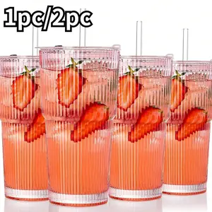 Large Capacity Clear Striped Glass Cup with Lid, Insulated, Multi-Purpose Drinking Glassware, Iced Coffee Glass, for Cold Drinks, Juice and Coffee, Ideal for Home and Office Use, Drinkware, Stylish Glass Cups