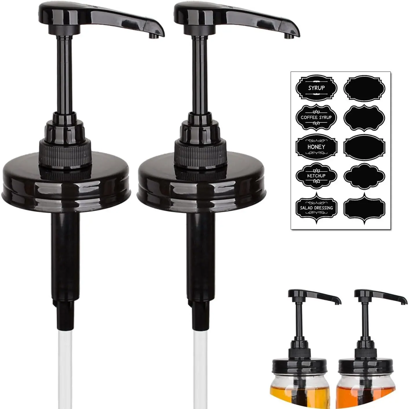 2 Pack Mason Jar Syrup Dispenser Pump , Coffee Syrup Dispensers for Regular Mouth Mason Jars with Rust Proof Plastic Pumps and , Kitchen  Grade Honey Dispenser Pump, Black