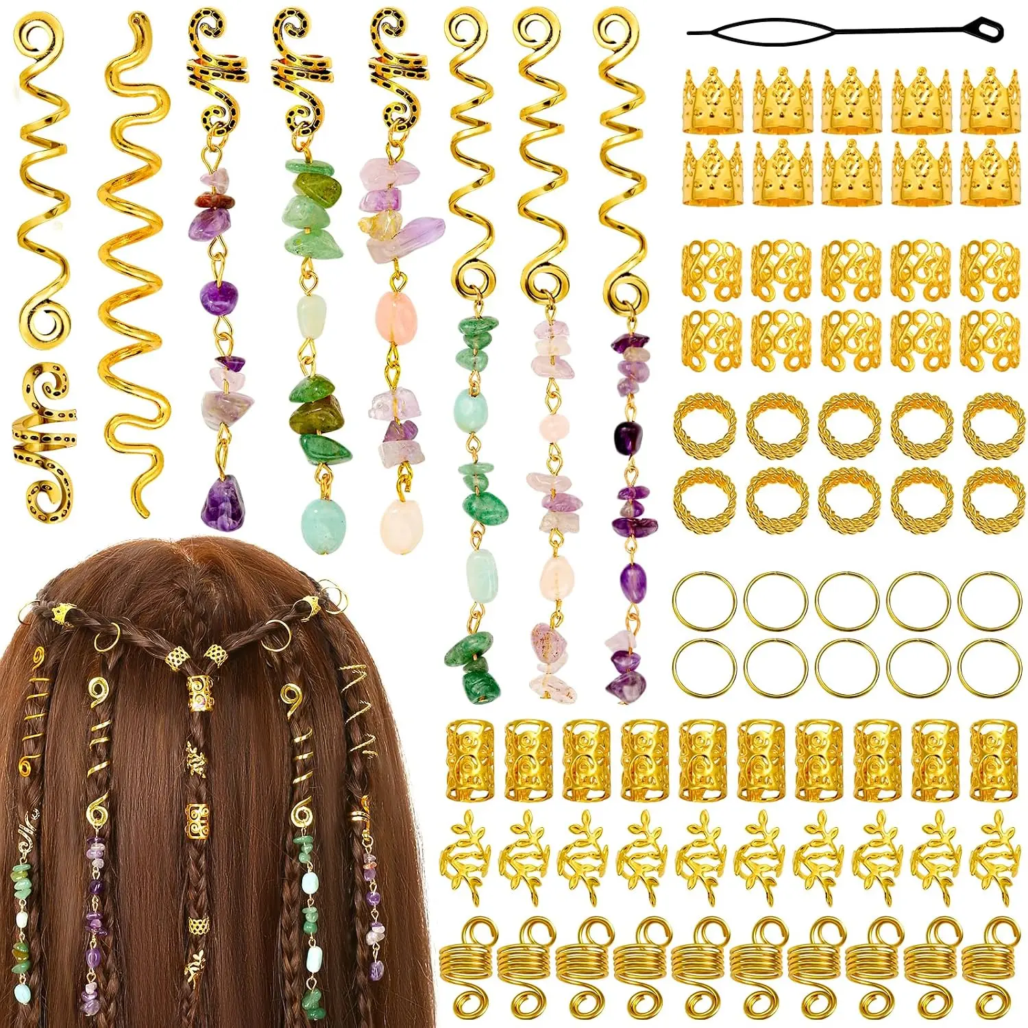 80 count   Stone Dreadlock Accessories,  Hair  for Braids Hair Spirals  Charms Adjust  Loc  for Hair Cuffs for Adult Women Braids Hairstyle Decoration